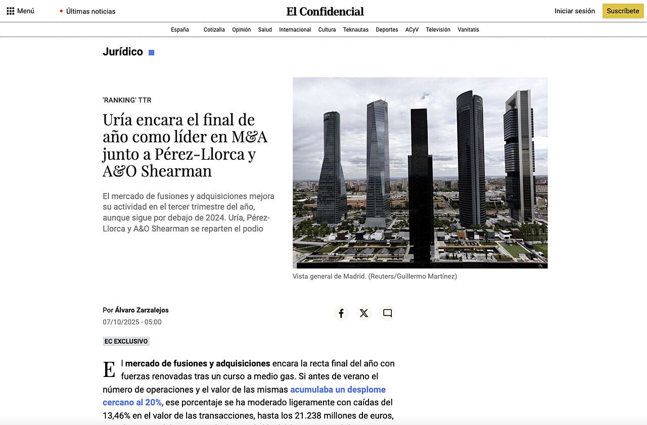 Ura encara el final de ao como lder en M&A junto a Prez-Llorca y A&O Shearman